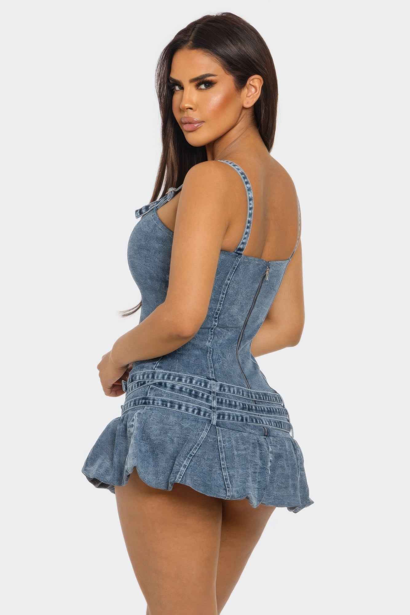 Belted Denim Mini Romper Dress - DD Discount Sales