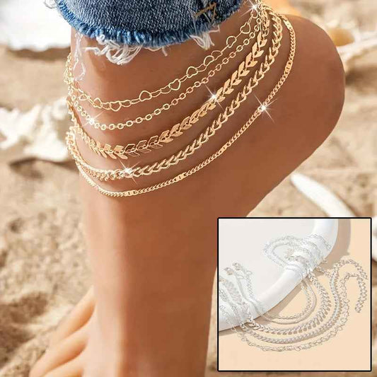 5Pcs Bohemian Airplane Chain Ankle Chain Fashion Design Heart-shaped Chain Anklets Women's Summer Beach On Foot Chain Jewelry - DD Discount Sales