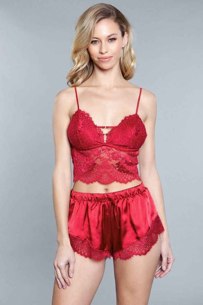 2 Piece. Lace Detail Croptop, Adjustable Straps And Satin With Inseam Lace Shorts - DD Discount Sales