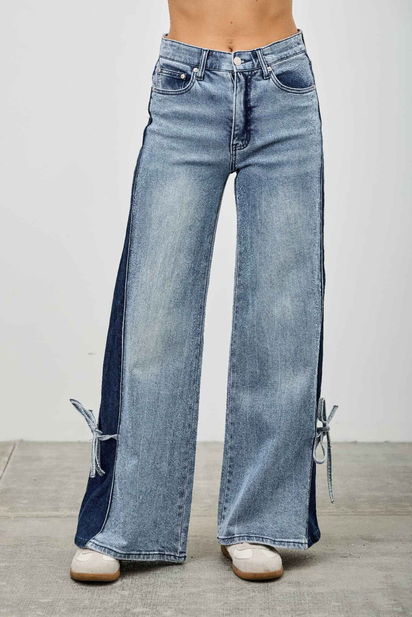 Mid Rise Contrast Wide Leg With Tie - DD Discount Sales