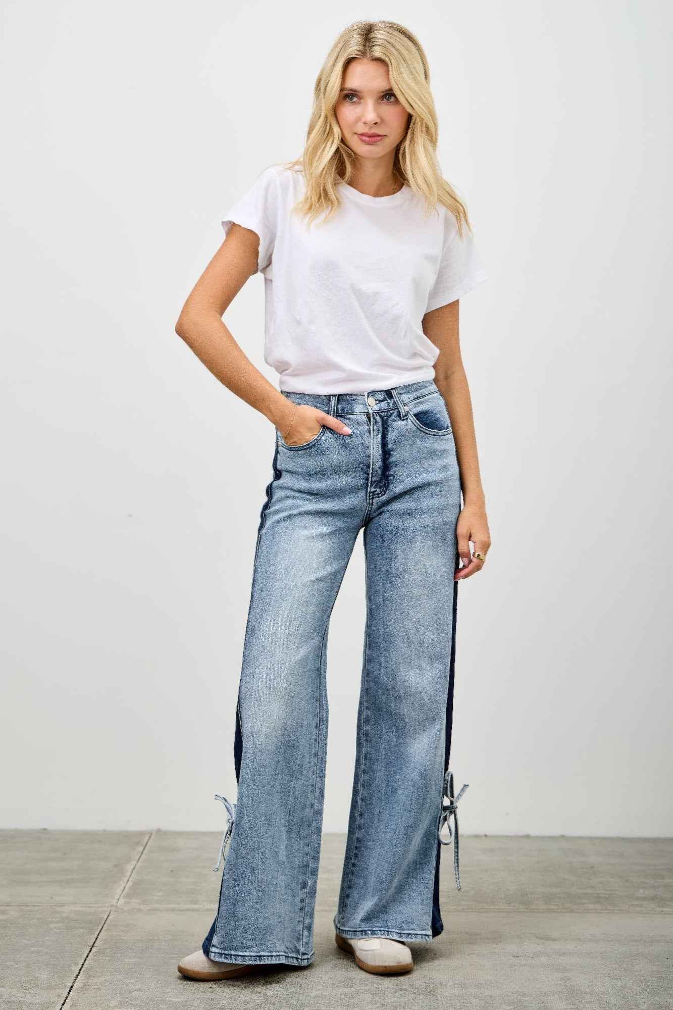 Mid Rise Contrast Wide Leg With Tie - DD Discount Sales