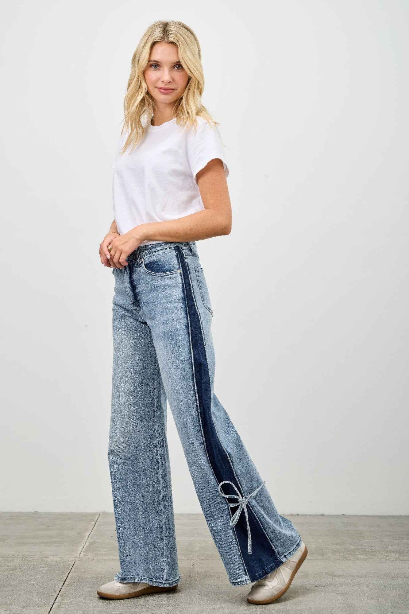 Mid Rise Contrast Wide Leg With Tie - DD Discount Sales