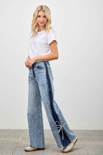 Mid Rise Contrast Wide Leg With Tie - DD Discount Sales