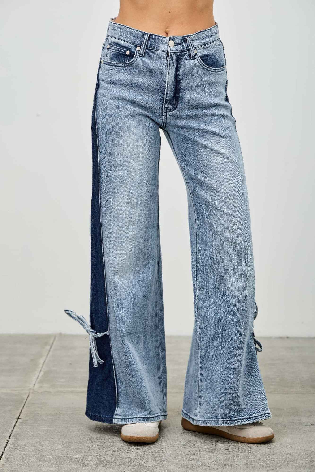 Mid Rise Contrast Wide Leg With Tie - DD Discount Sales
