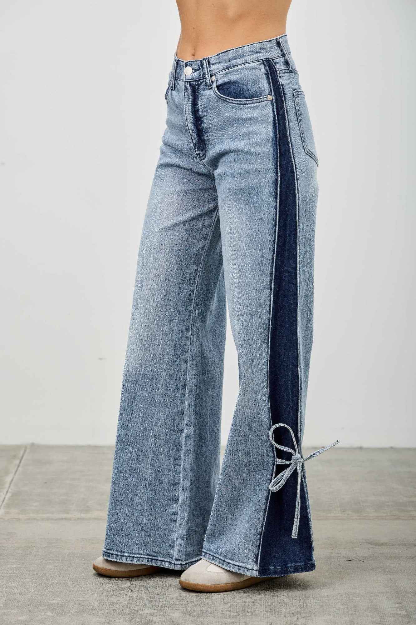 Mid Rise Contrast Wide Leg With Tie - DD Discount Sales