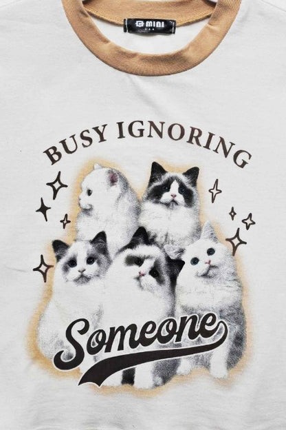 Busy Ignoring With Cats Graphic Ringer Top - DD Discount Sales