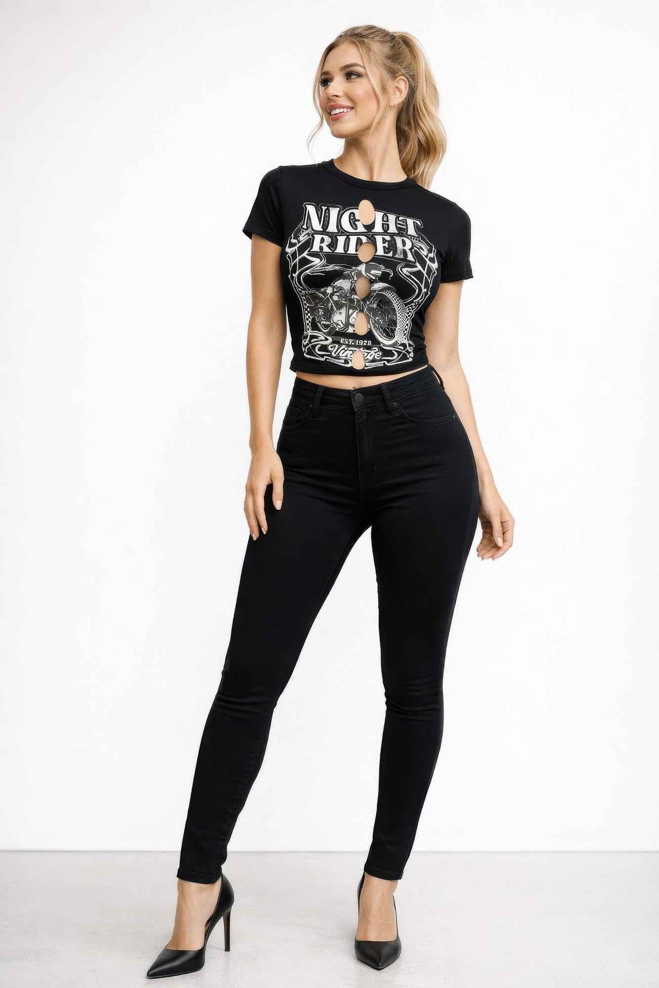 Night Rider Vintage Cut-out Crop Tee - DD Discount Sales