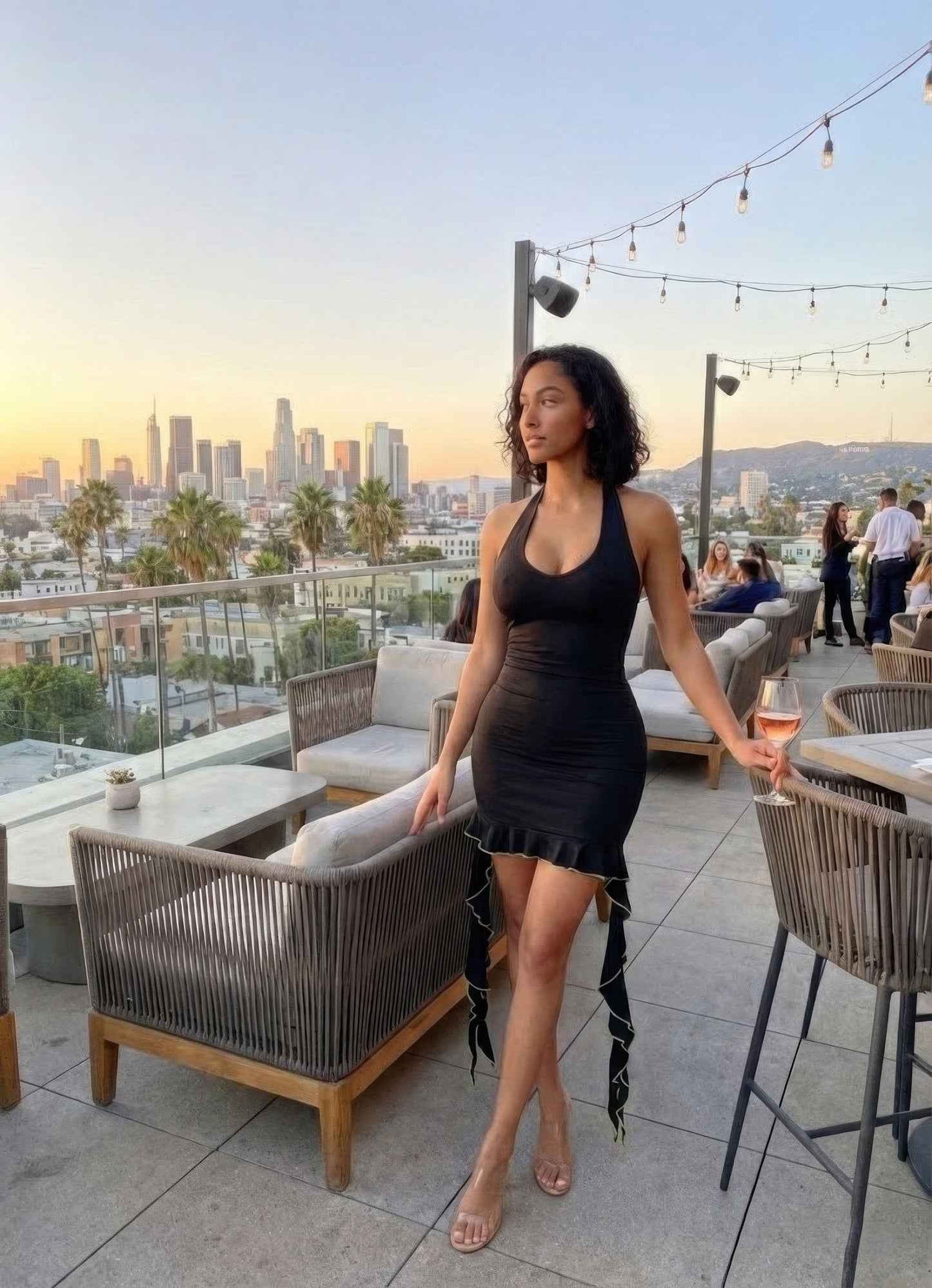 Solid Deep V Neck Mini Dress With Ruffle - DD Discount Sales