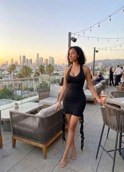 Solid Deep V Neck Mini Dress With Ruffle - DD Discount Sales