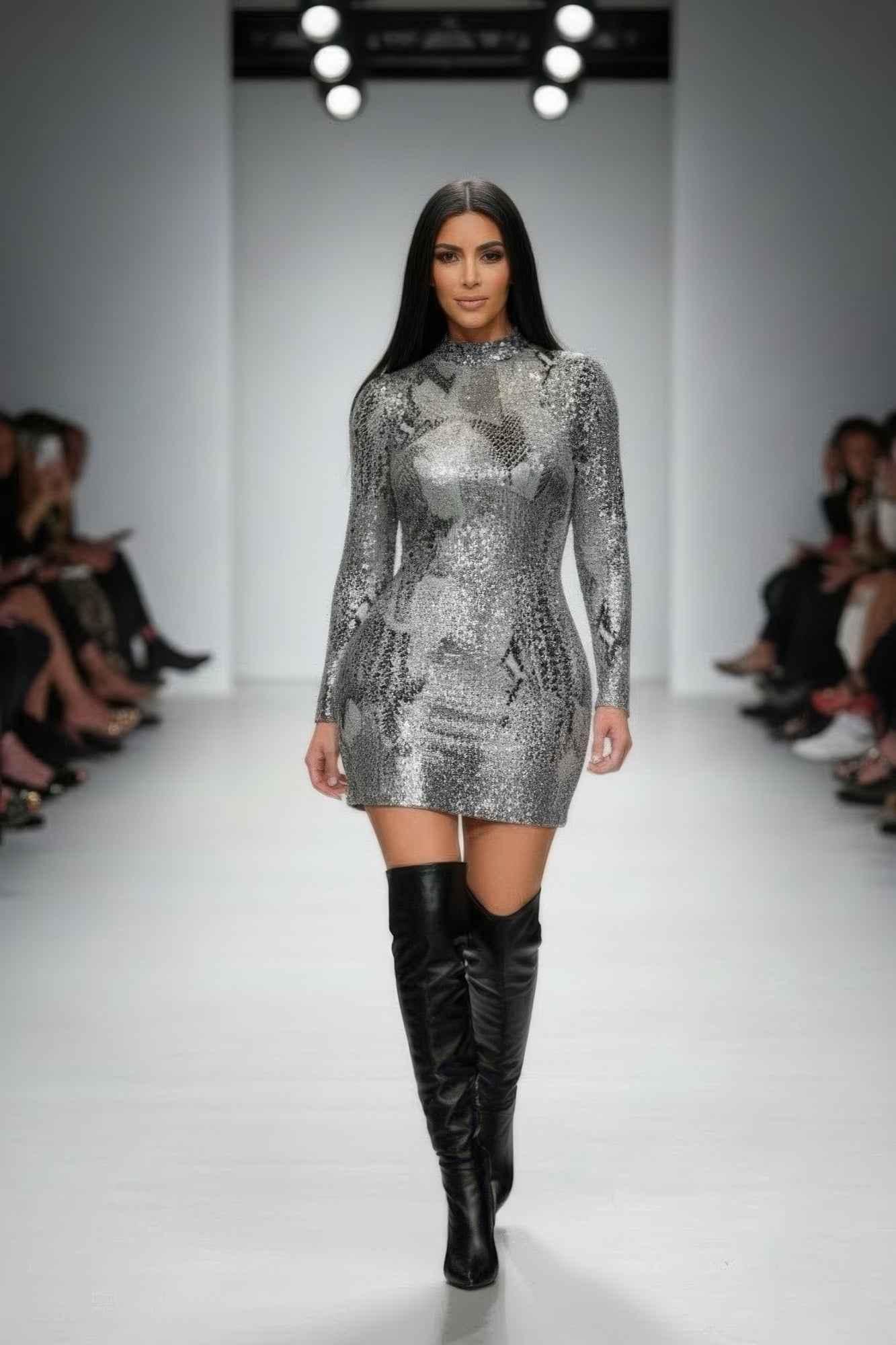 Long Sleeve Body Con Pu Silver Snake Mini - DD Discount Sales