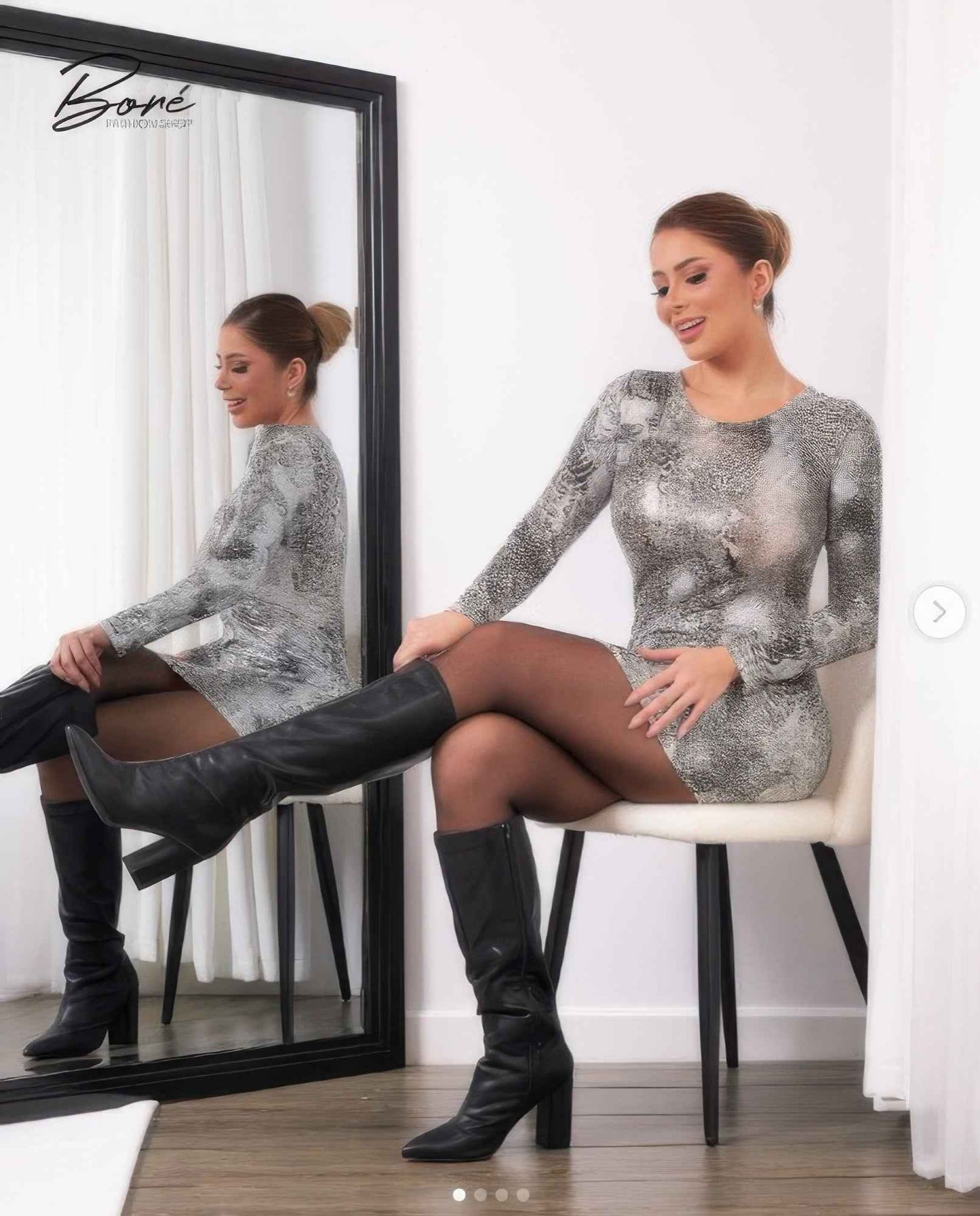 Long Sleeve Body Con Pu Silver Snake Mini - DD Discount Sales