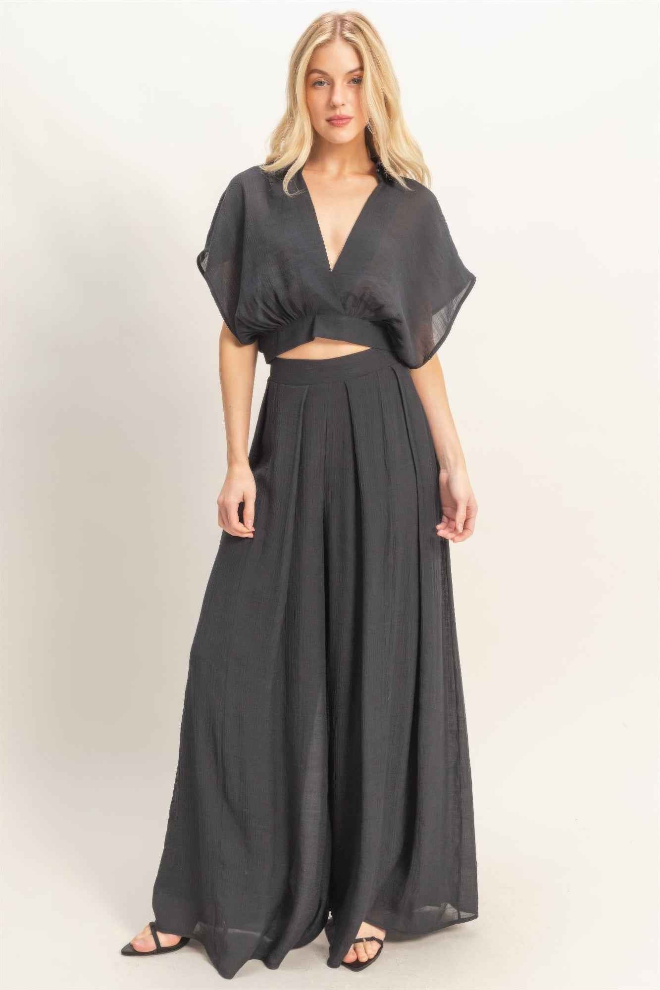 Collared Wrap Top & Wide-leg Pants Set - DD Discount Sales