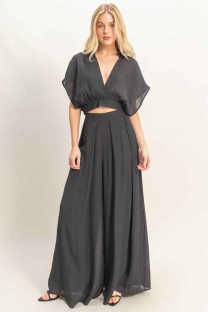 Collared Wrap Top & Wide-leg Pants Set - DD Discount Sales