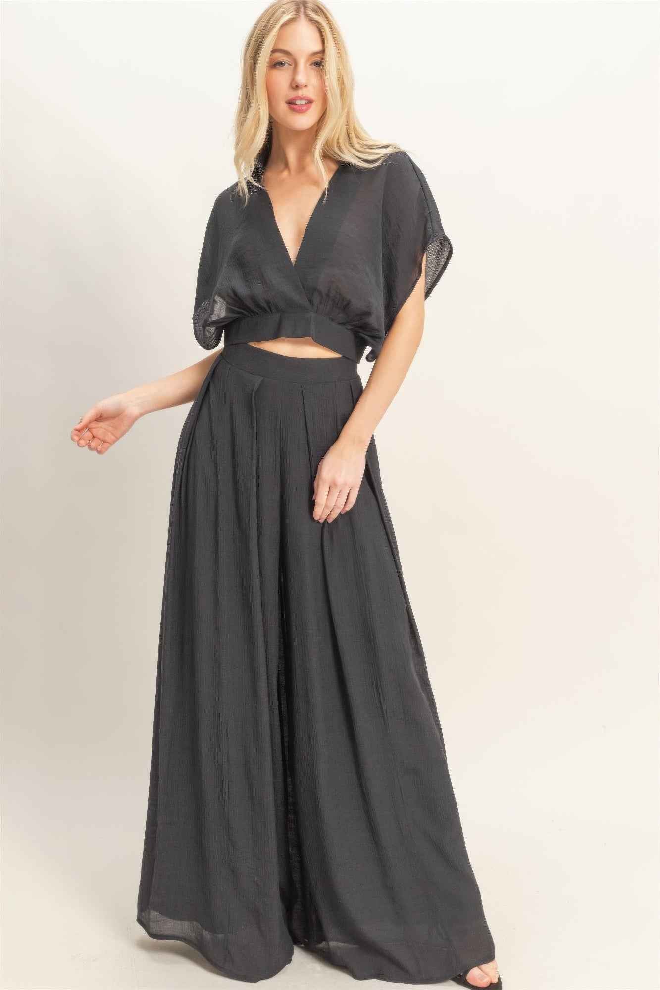 Collared Wrap Top & Wide-leg Pants Set - DD Discount Sales
