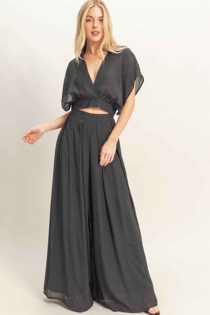 Collared Wrap Top & Wide-leg Pants Set - DD Discount Sales