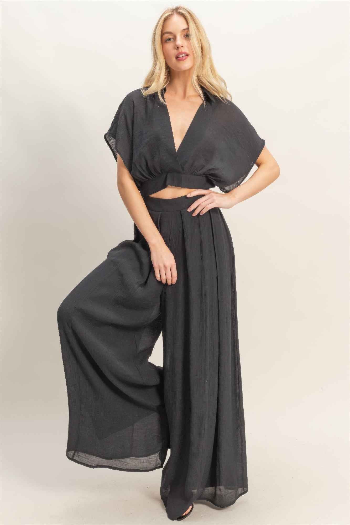 Collared Wrap Top & Wide-leg Pants Set - DD Discount Sales