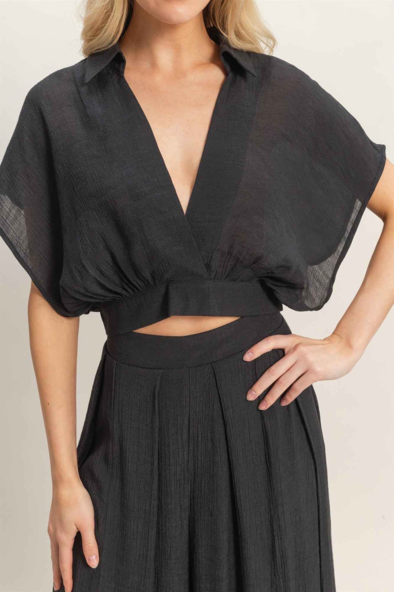 Collared Wrap Top & Wide-leg Pants Set - DD Discount Sales