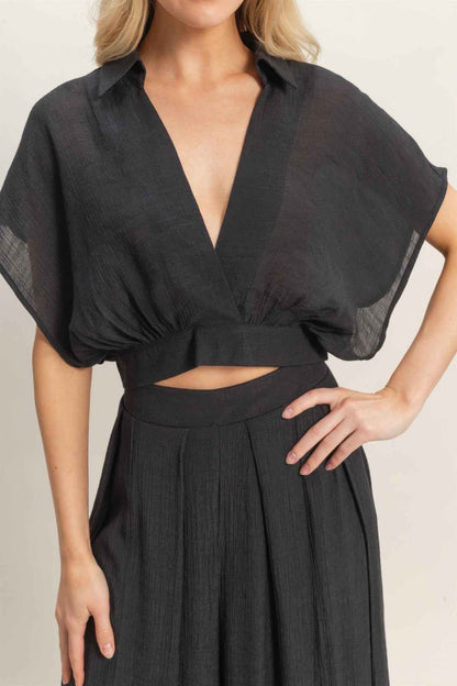 Collared Wrap Top & Wide-leg Pants Set - DD Discount Sales