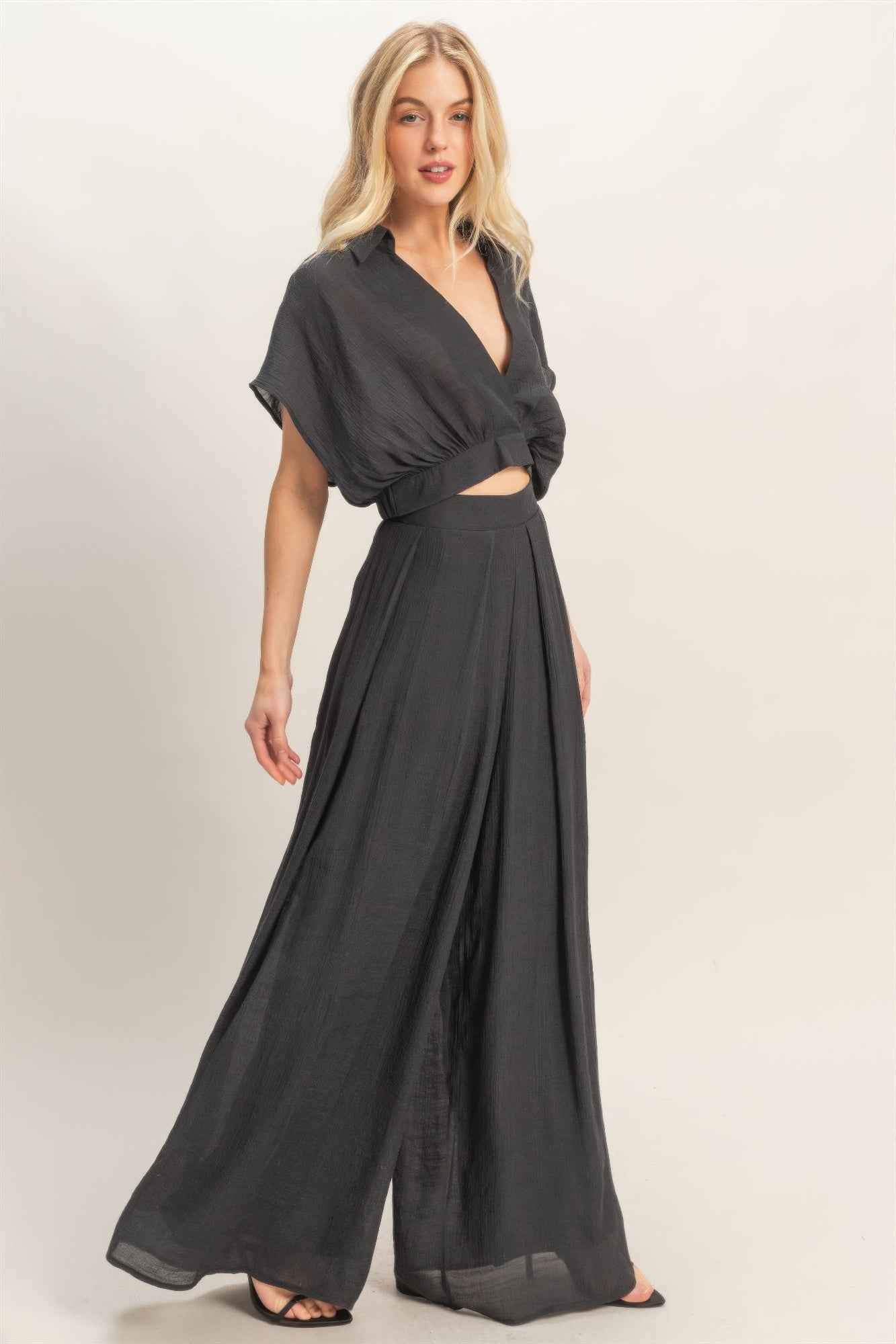 Collared Wrap Top & Wide-leg Pants Set - DD Discount Sales