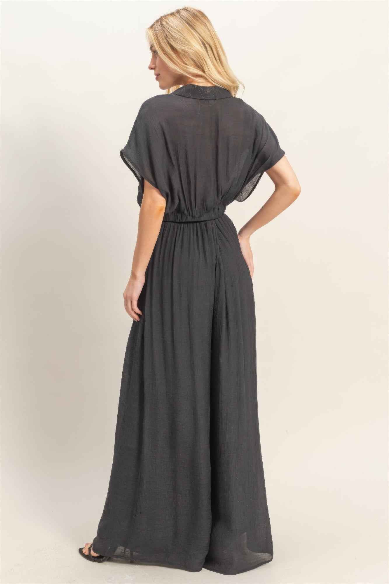 Collared Wrap Top & Wide-leg Pants Set - DD Discount Sales