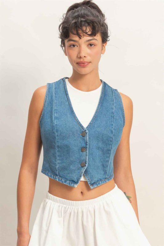 V-neck Sleeveless Denim Vest - DD Discount Sales