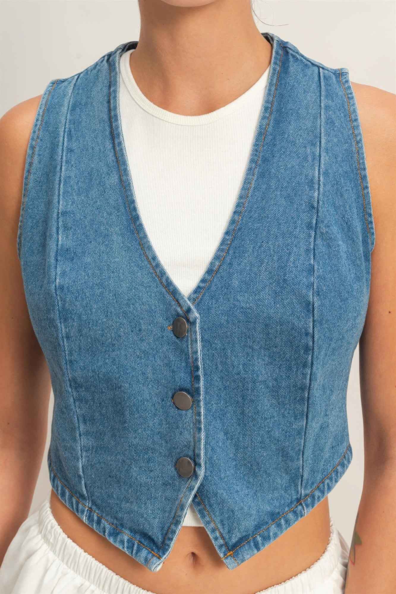 V-neck Sleeveless Denim Vest - DD Discount Sales