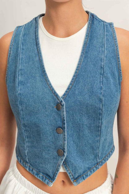 V-neck Sleeveless Denim Vest - DD Discount Sales
