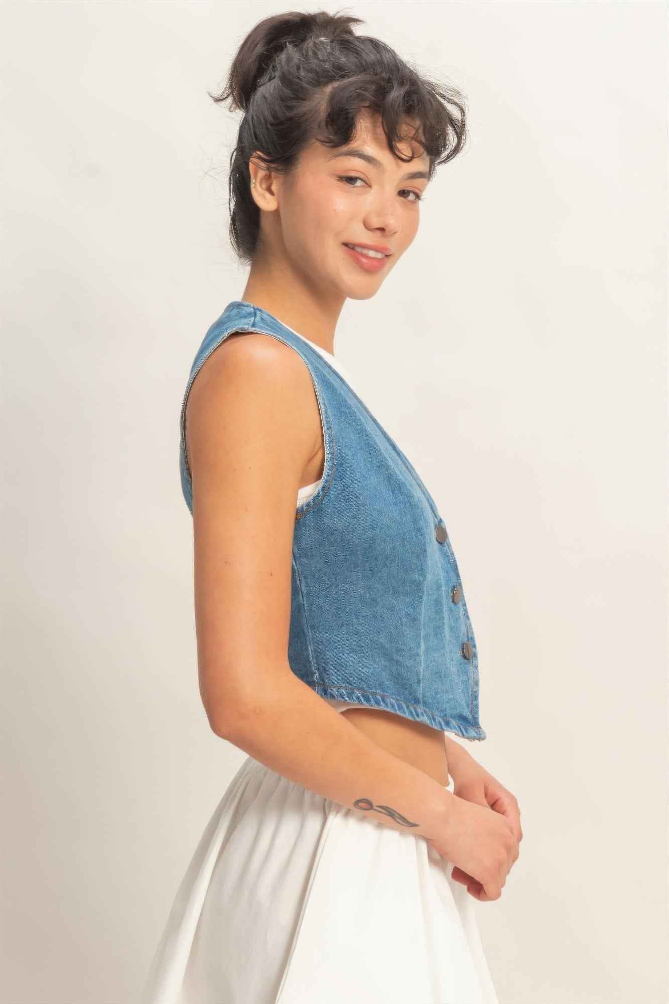 V-neck Sleeveless Denim Vest - DD Discount Sales
