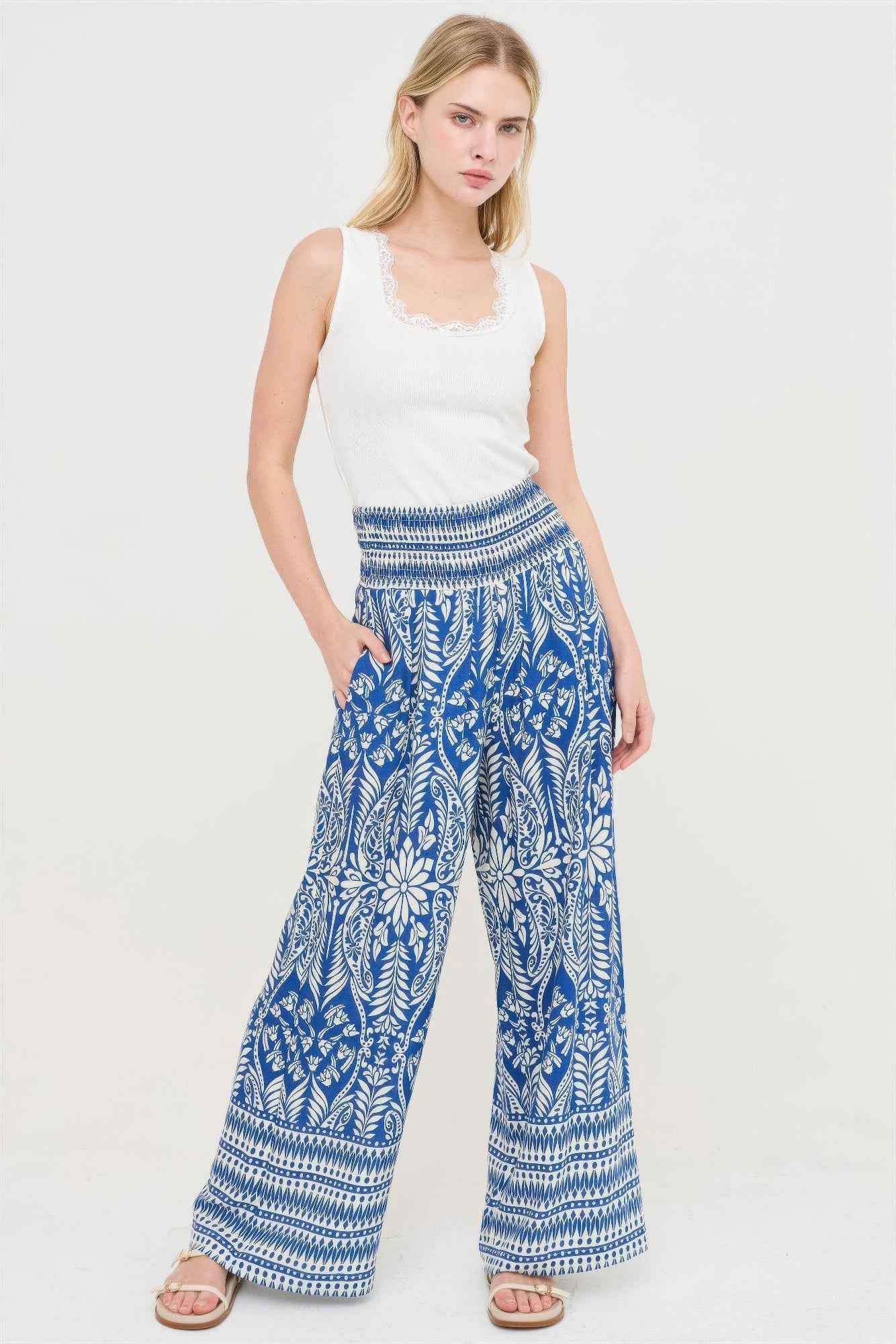 Smocked Waist Floral Pants - DD Discount Sales