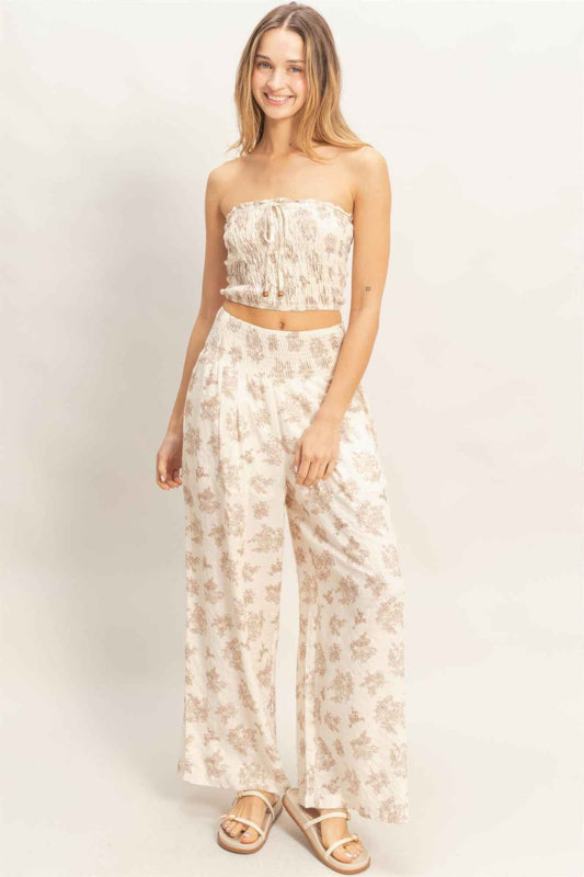 Smocked Tube Top & Wide-leg Pants Set - DD Discount Sales