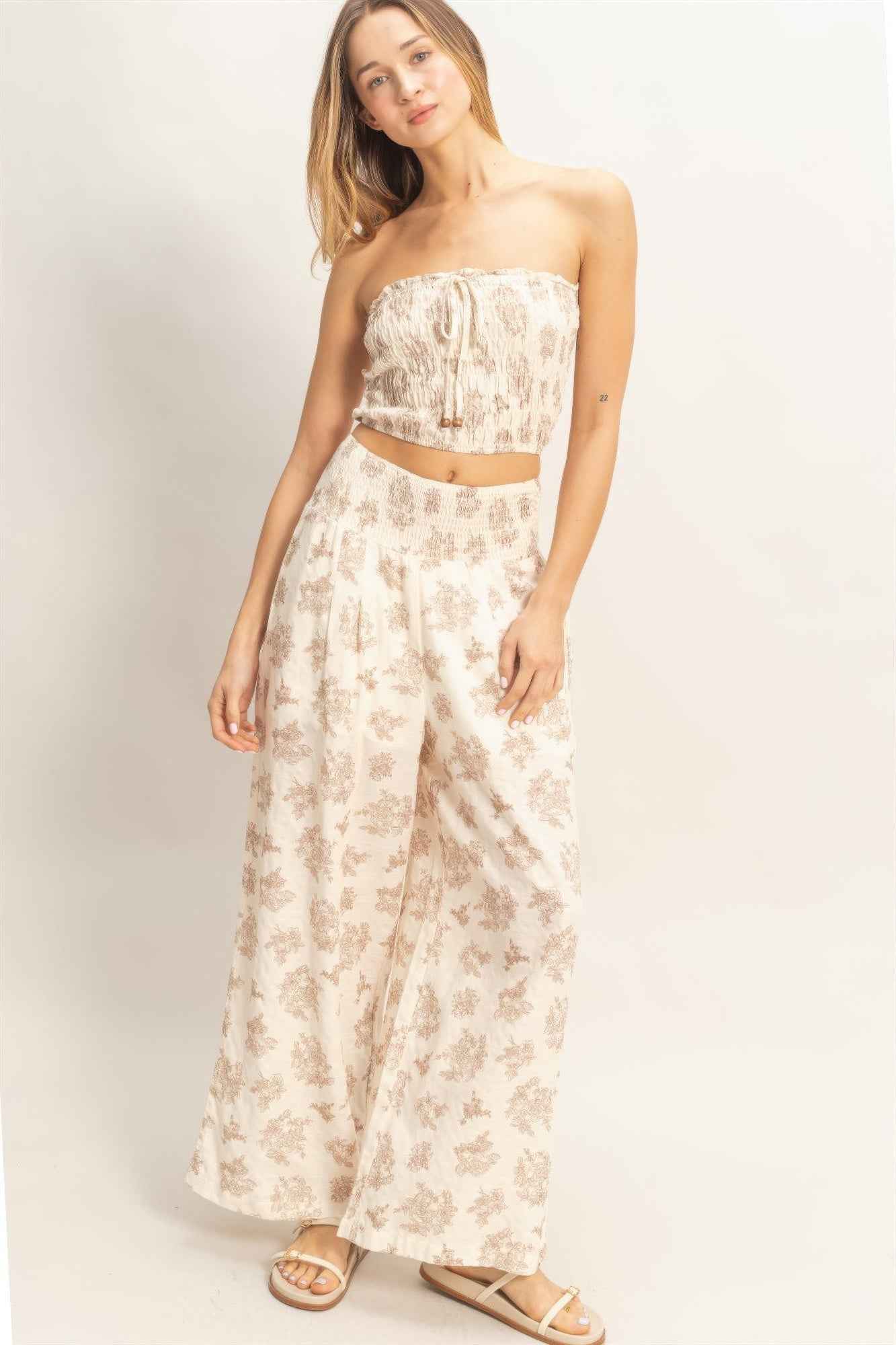 Smocked Tube Top & Wide-leg Pants Set - DD Discount Sales