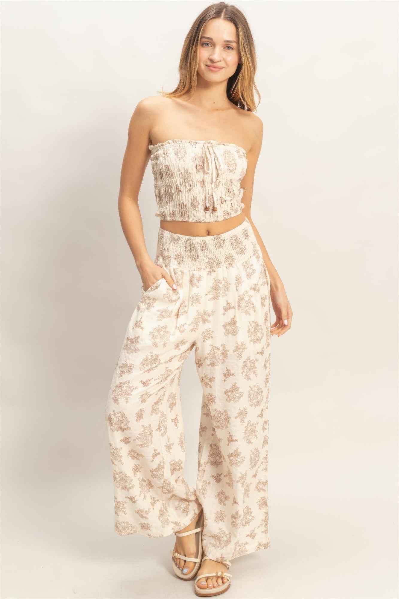 Smocked Tube Top & Wide-leg Pants Set - DD Discount Sales