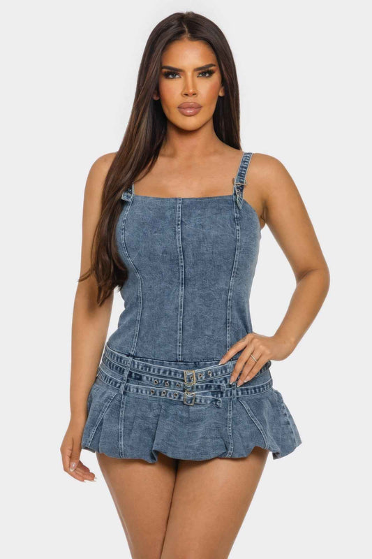 Belted Denim Mini Romper Dress - DD Discount Sales