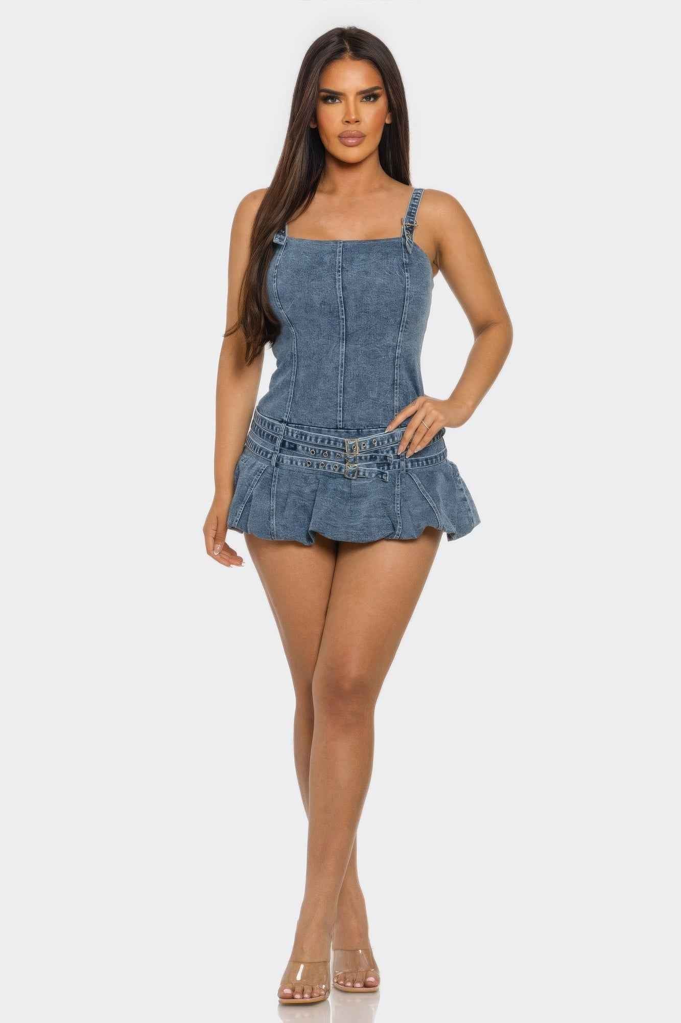 Belted Denim Mini Romper Dress - DD Discount Sales