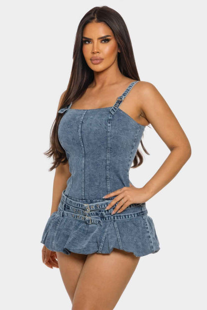 Belted Denim Mini Romper Dress - DD Discount Sales