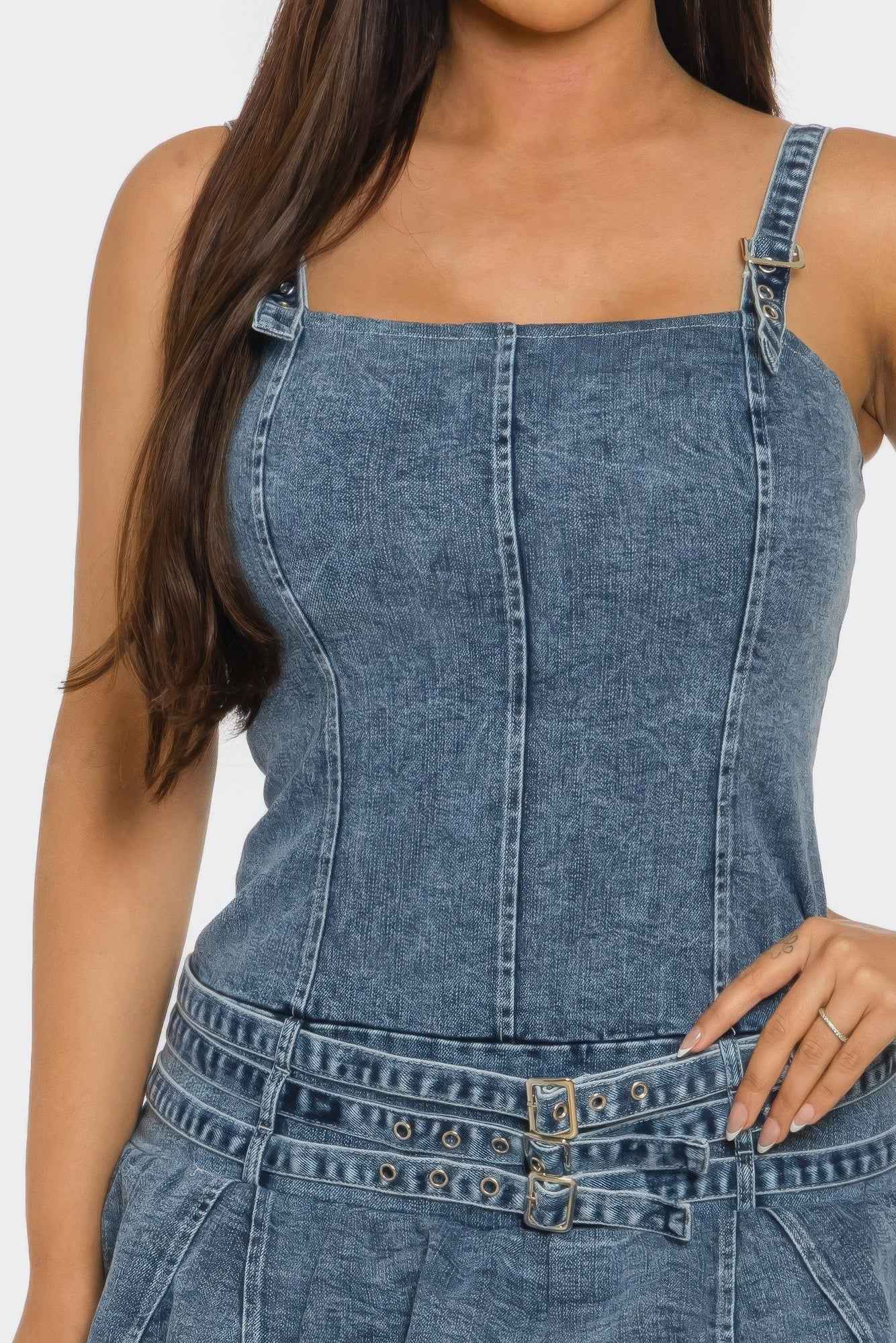 Belted Denim Mini Romper Dress - DD Discount Sales