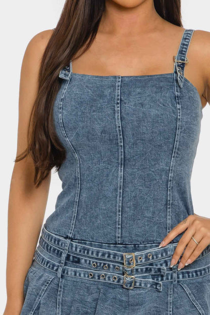 Belted Denim Mini Romper Dress - DD Discount Sales