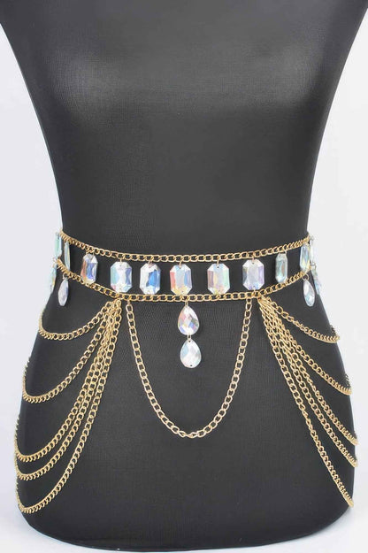 Metal Layered Chain Belt W/acrylic Stone - DD Discount Sales