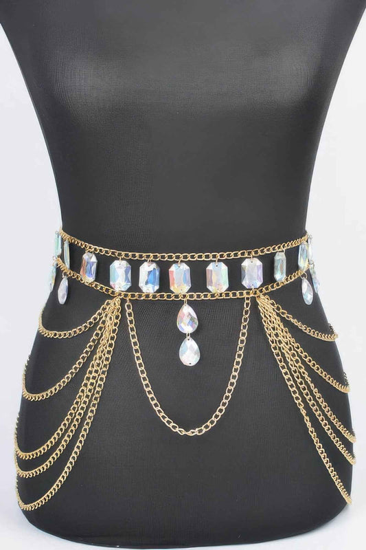 Metal Layered Chain Belt W/acrylic Stone - DD Discount Sales