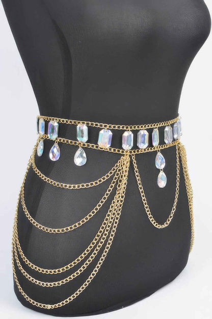 Metal Layered Chain Belt W/acrylic Stone - DD Discount Sales