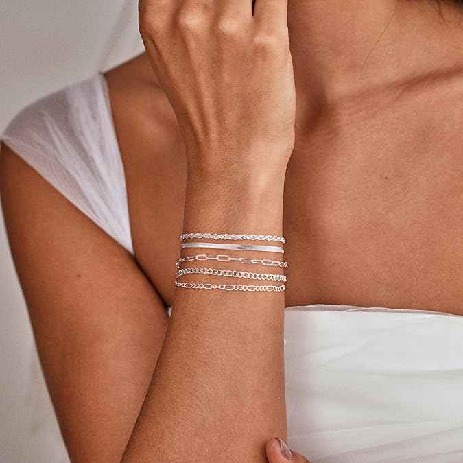 5pcs Silver Bracelets For Women, 14K Silver Plated Dainty Bracelets Set For Women Trendy Adjustable Stackable Bracelets - DD Discount Sales