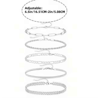 5pcs Silver Bracelets For Women, 14K Silver Plated Dainty Bracelets Set For Women Trendy Adjustable Stackable Bracelets - DD Discount Sales